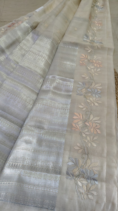 Tussar silk with Silver Zari Banarasi pallu 