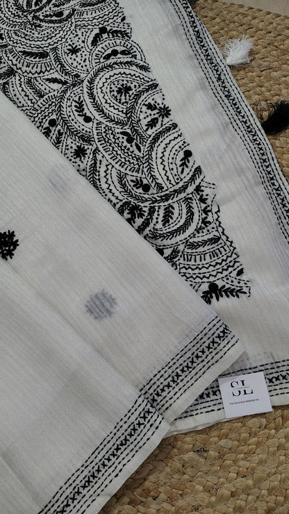 JUTE COTTON SAREE BLACK AND WHITE , PALLU VIEW
