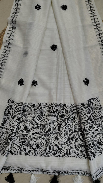JUTE COTTON SAREE BLACK AND WHITE , PALLU VIEW 3