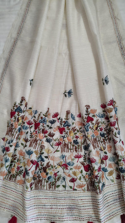 JUTE COTTON SAREE OFF WHITE , DESIGN VIEW