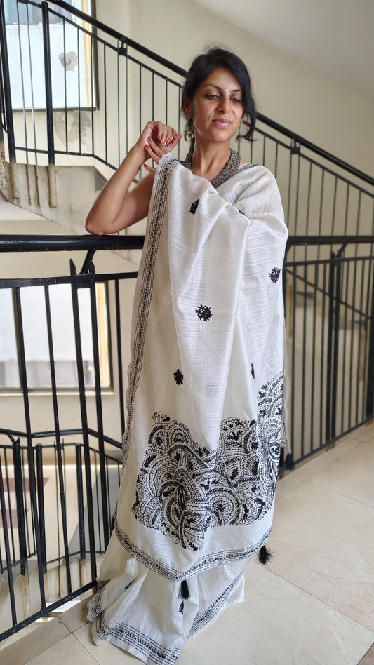 JUTE COTTON SAREE BLACK AND WHITE , FULL VIEW