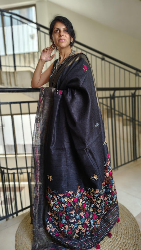 JUTE COTTON SAREE BLACK,  FULL VIEW