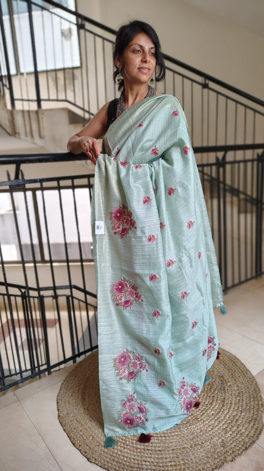 JUTE COTTON SAREE BLUE, FULL VIEW