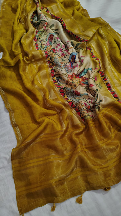 Mustard Soft Dola Silk Saree Peacock motif