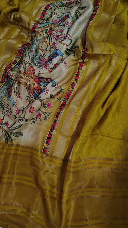 Mustard Soft Dola Silk Saree Peacock motif