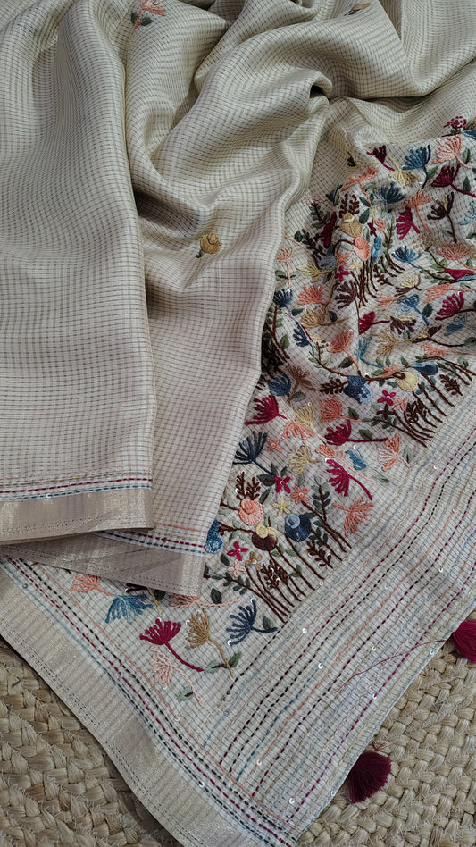 Tussar silk saree with hand embroidery 