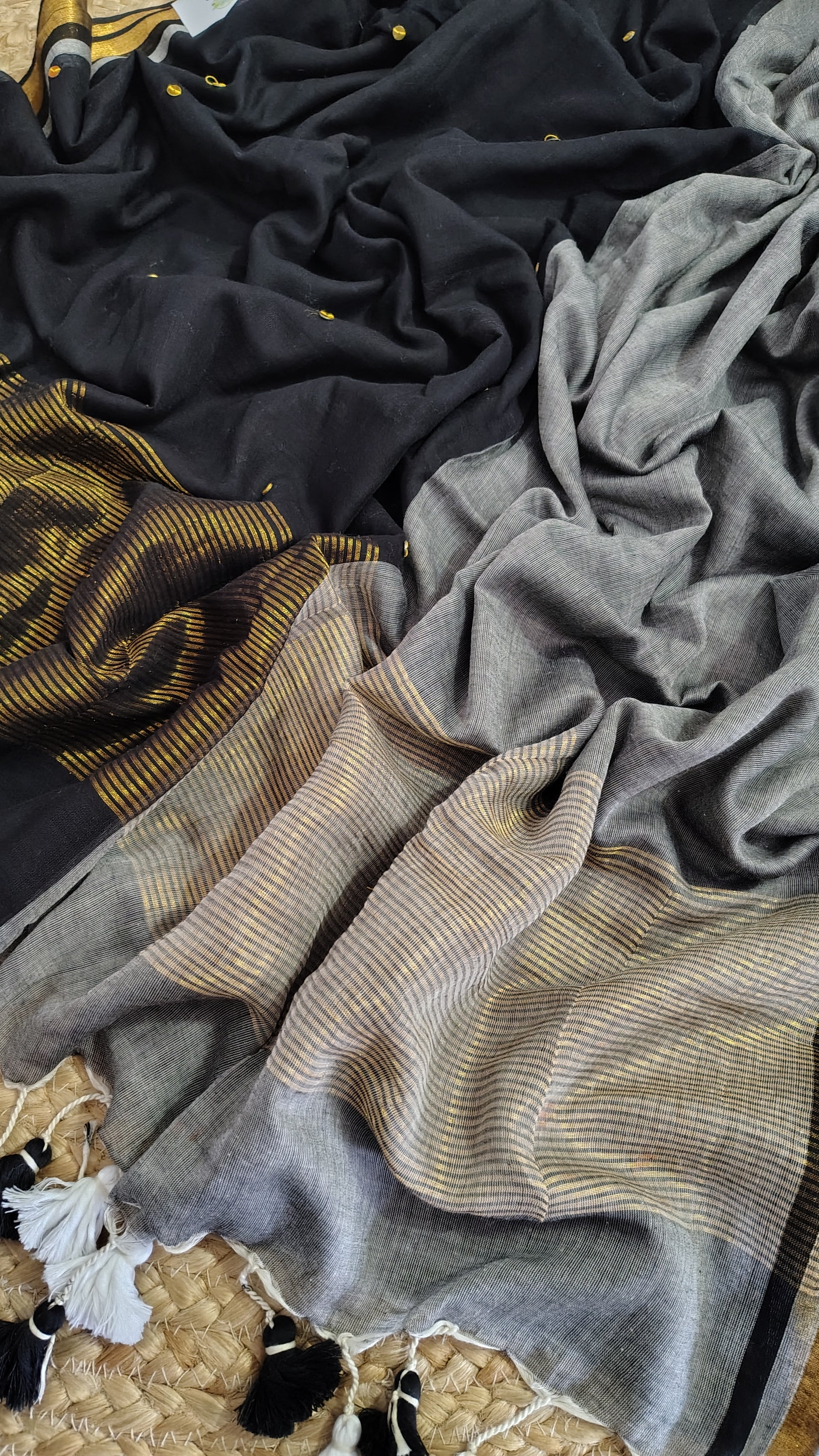 Grey black Mulmul saree - zari pallu