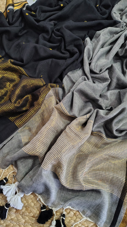 Grey black Mulmul saree - zari pallu