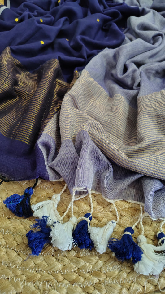Mul cotton saree - Blue | zari pallu