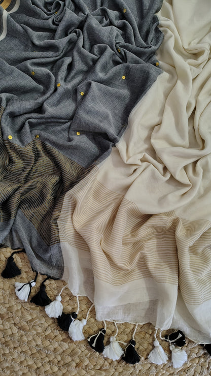 Handwoven Mul cotton saree with zari pallu -white and grey saree