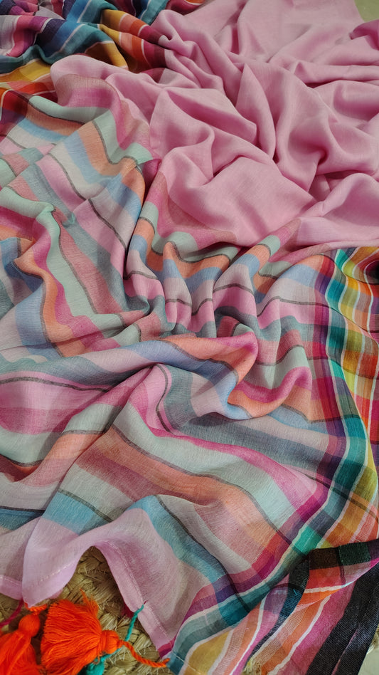 Pure Mul Cotton Saree with Rainbow Colored Border – Lightweight Mulmul Designer Saree