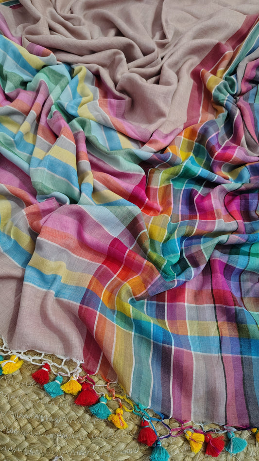 Pure Mul Cotton Saree with Rainbow Colored Border – Lightweight Mulmul Designer Saree