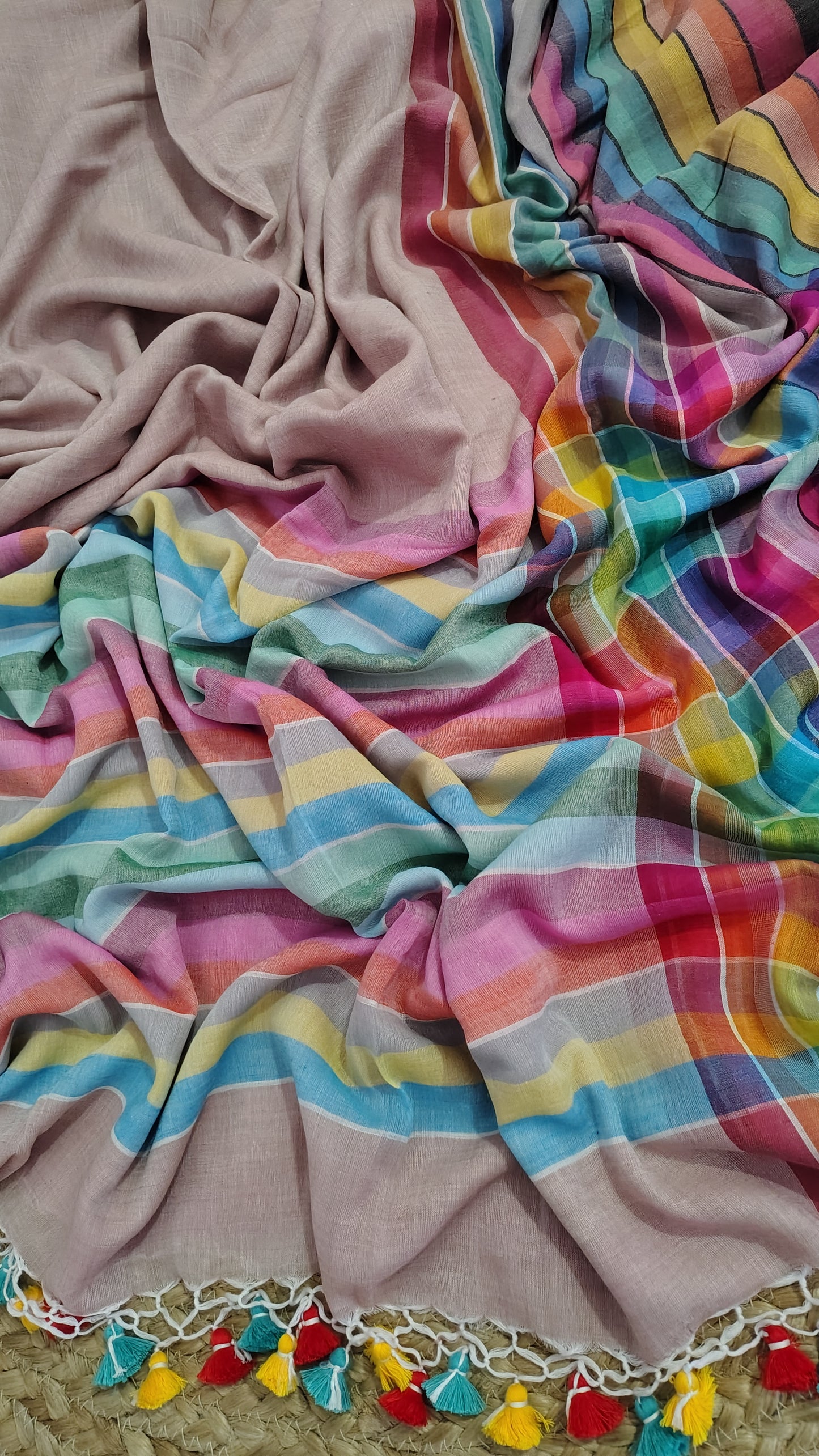 Pure Mul Cotton Saree with Rainbow Colored Border – Lightweight Mulmul Designer Saree