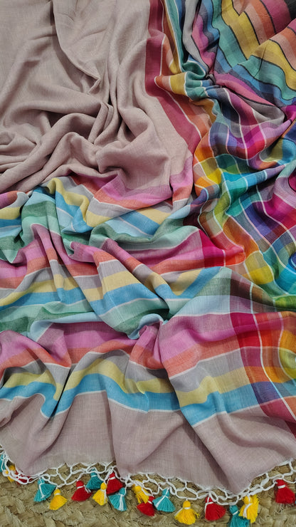 Pure Mul Cotton Saree with Rainbow Colored Border – Lightweight Mulmul Designer Saree