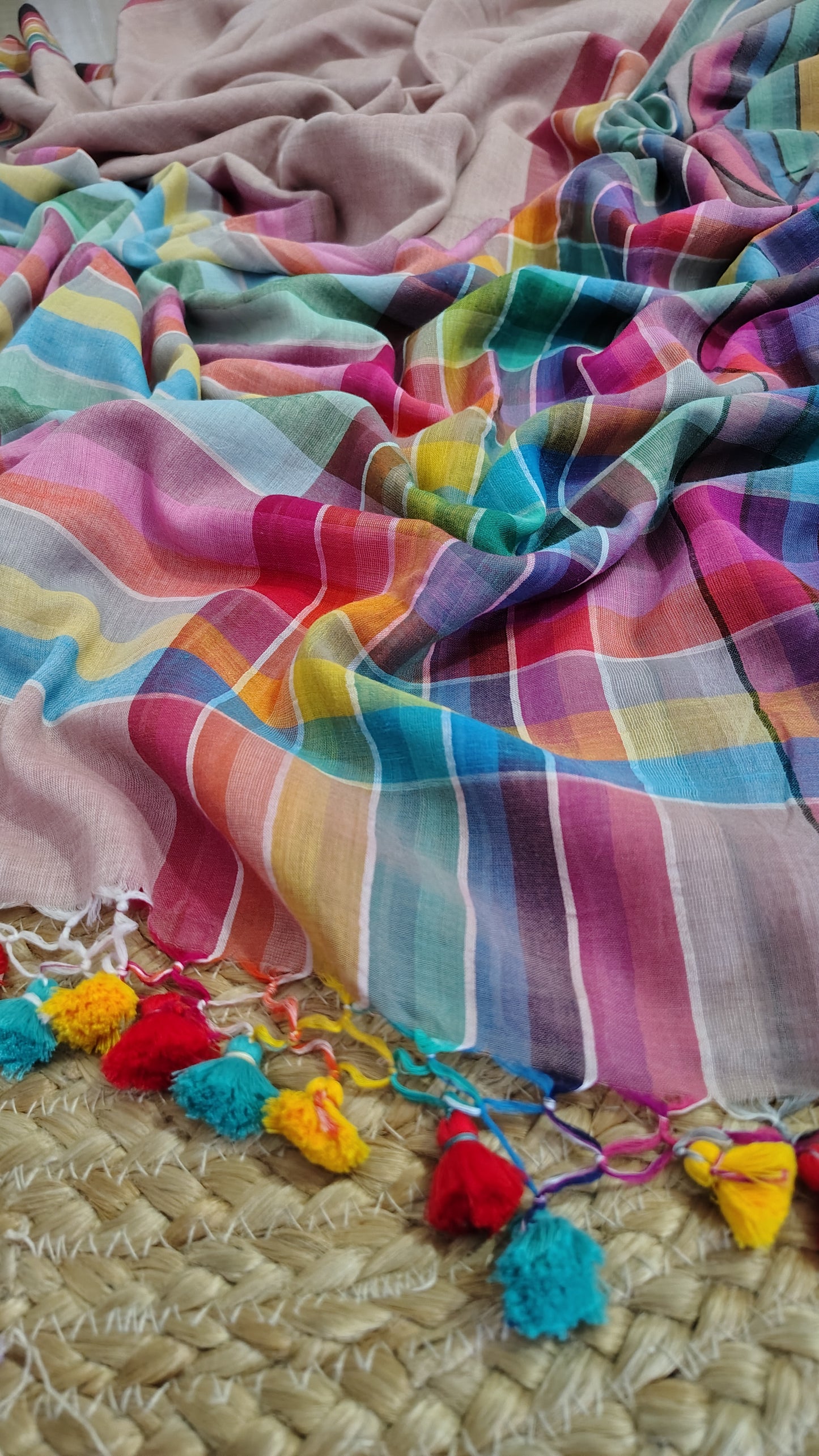 Pure Mul Cotton Saree with Rainbow Colored Border – Lightweight Mulmul Designer Saree