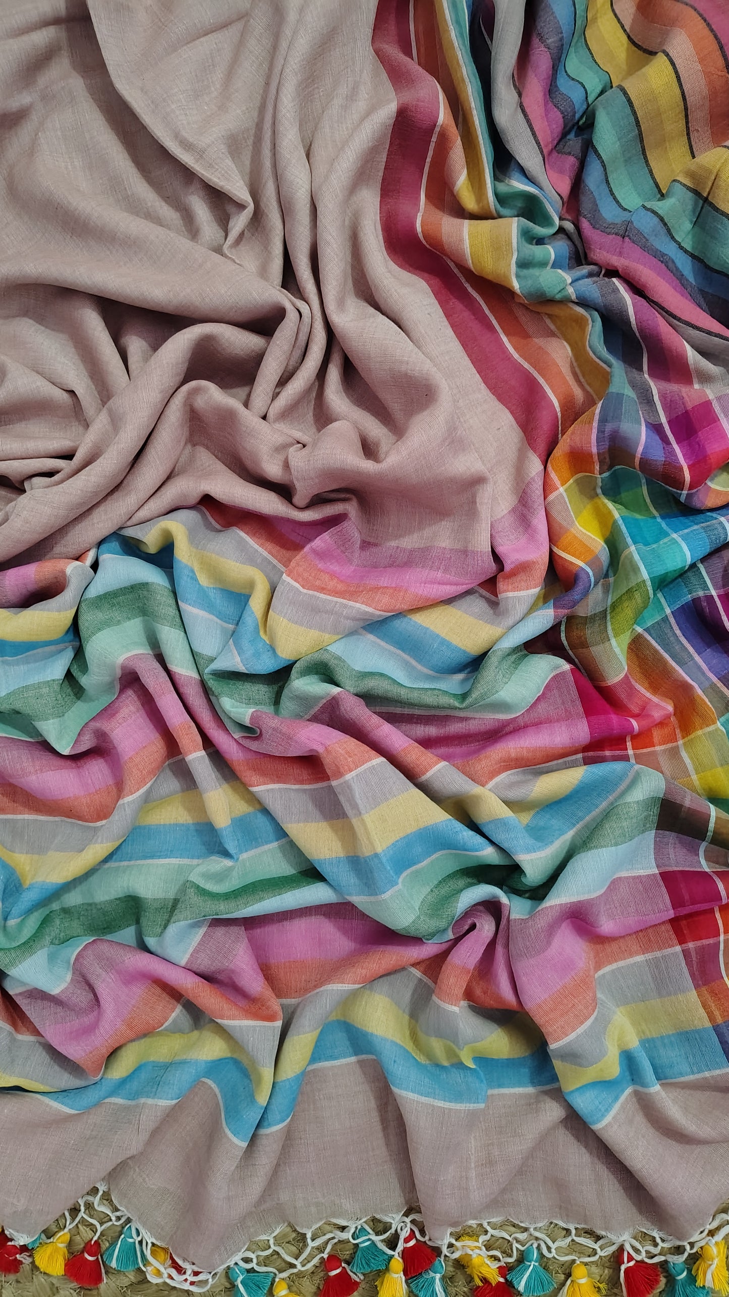 Pure Mul Cotton Saree with Rainbow Colored Border – Lightweight Mulmul Designer Saree