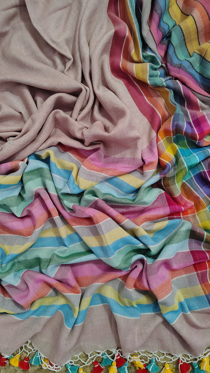 Pure Mul Cotton Saree with Rainbow Colored Border – Lightweight Mulmul Designer Saree