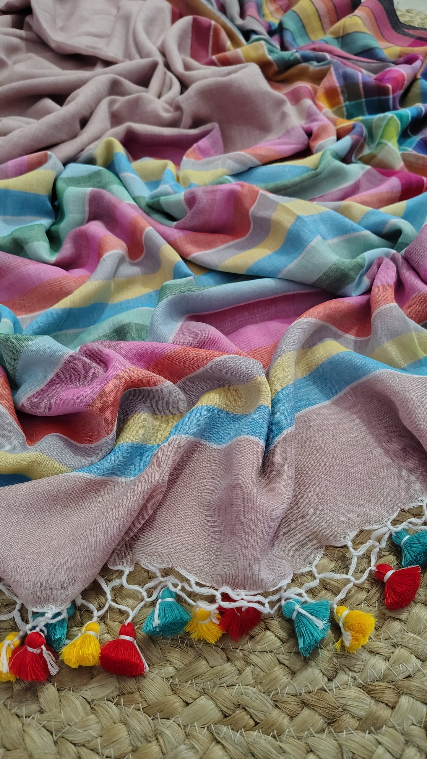 Pure Mul Cotton Saree with Rainbow Colored Border – Lightweight Mulmul Designer Saree