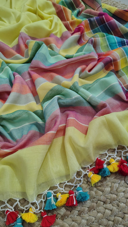 Pure Mul Cotton Saree with Rainbow Colored Border – Lightweight Mulmul Designer Saree