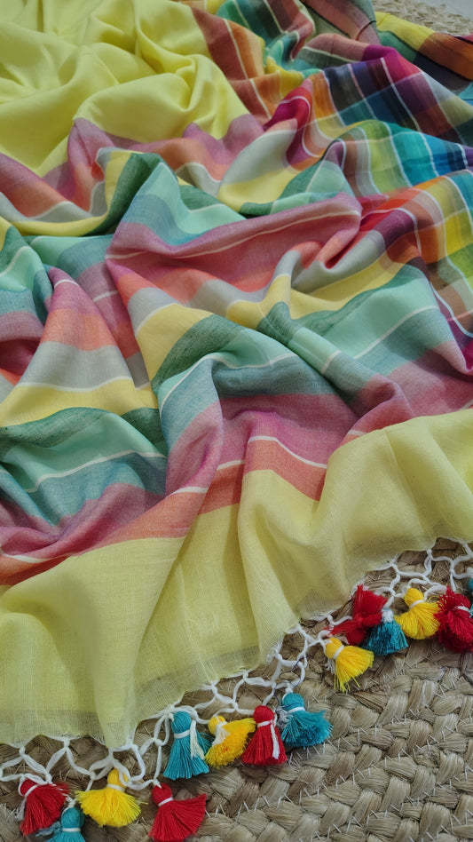 Pure Mul Cotton Saree with Rainbow Colored Border – Lightweight Mulmul Designer Saree