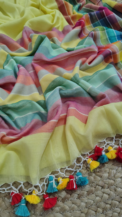 Pure Mul Cotton Saree with Rainbow Colored Border – Lightweight Mulmul Designer Saree
