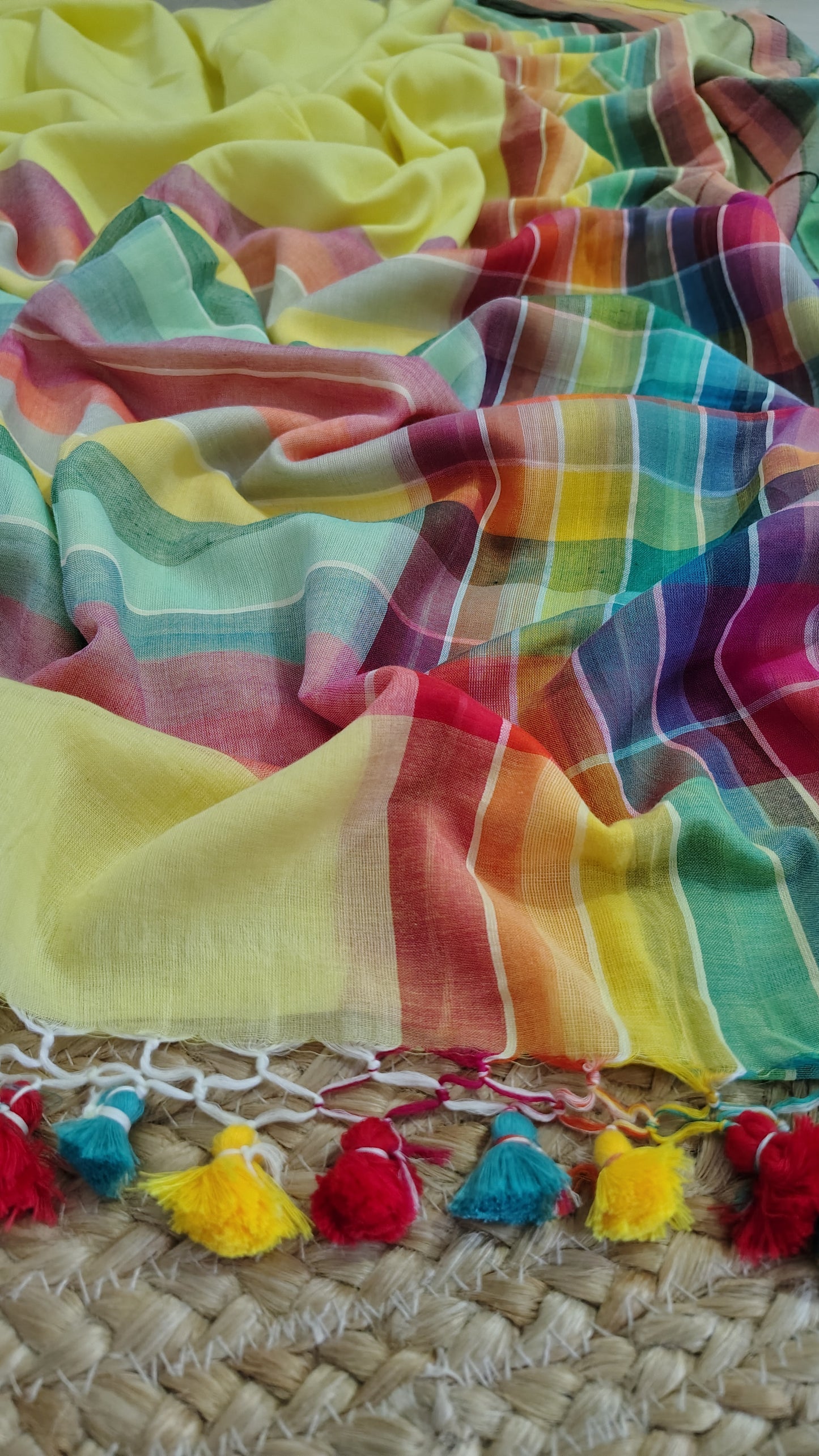 Pure Mul Cotton Saree with Rainbow Colored Border – Lightweight Mulmul Designer Saree