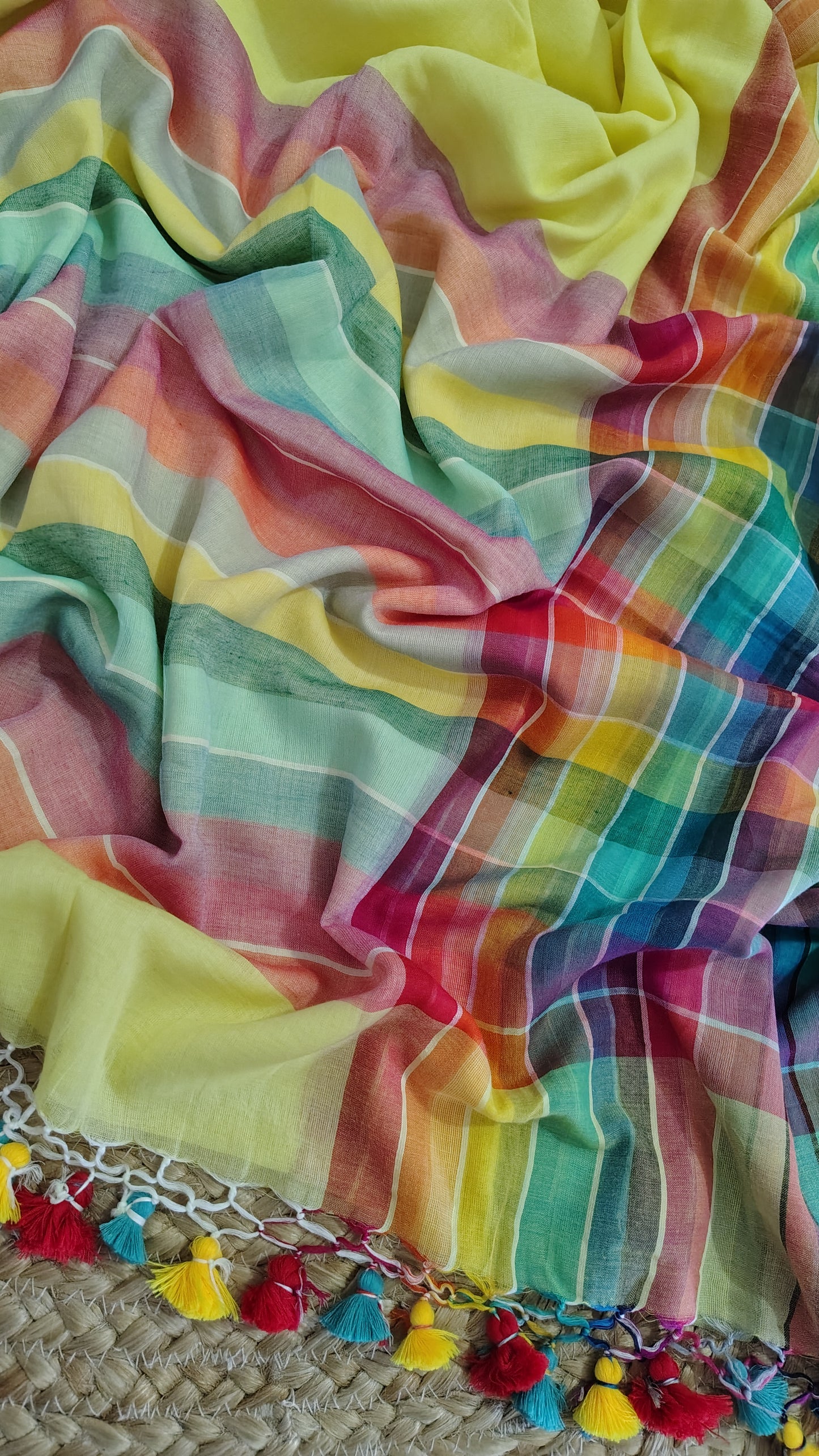Pure Mul Cotton Saree with Rainbow Colored Border – Lightweight Mulmul Designer Saree