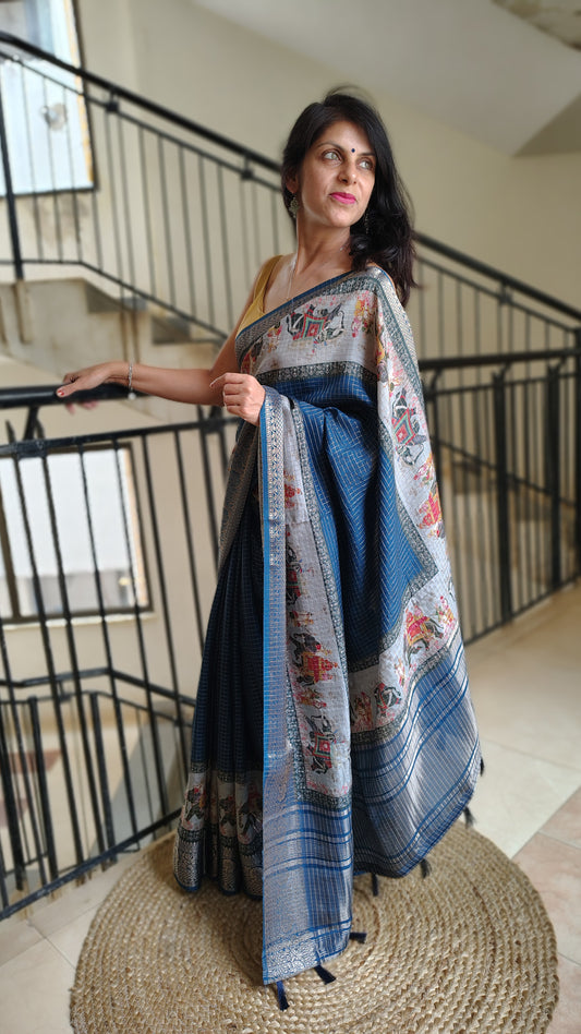 Soft Dola Silk - dark blue figure saree