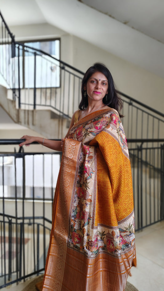 Soft dola silk Saree - mustard with figure 
