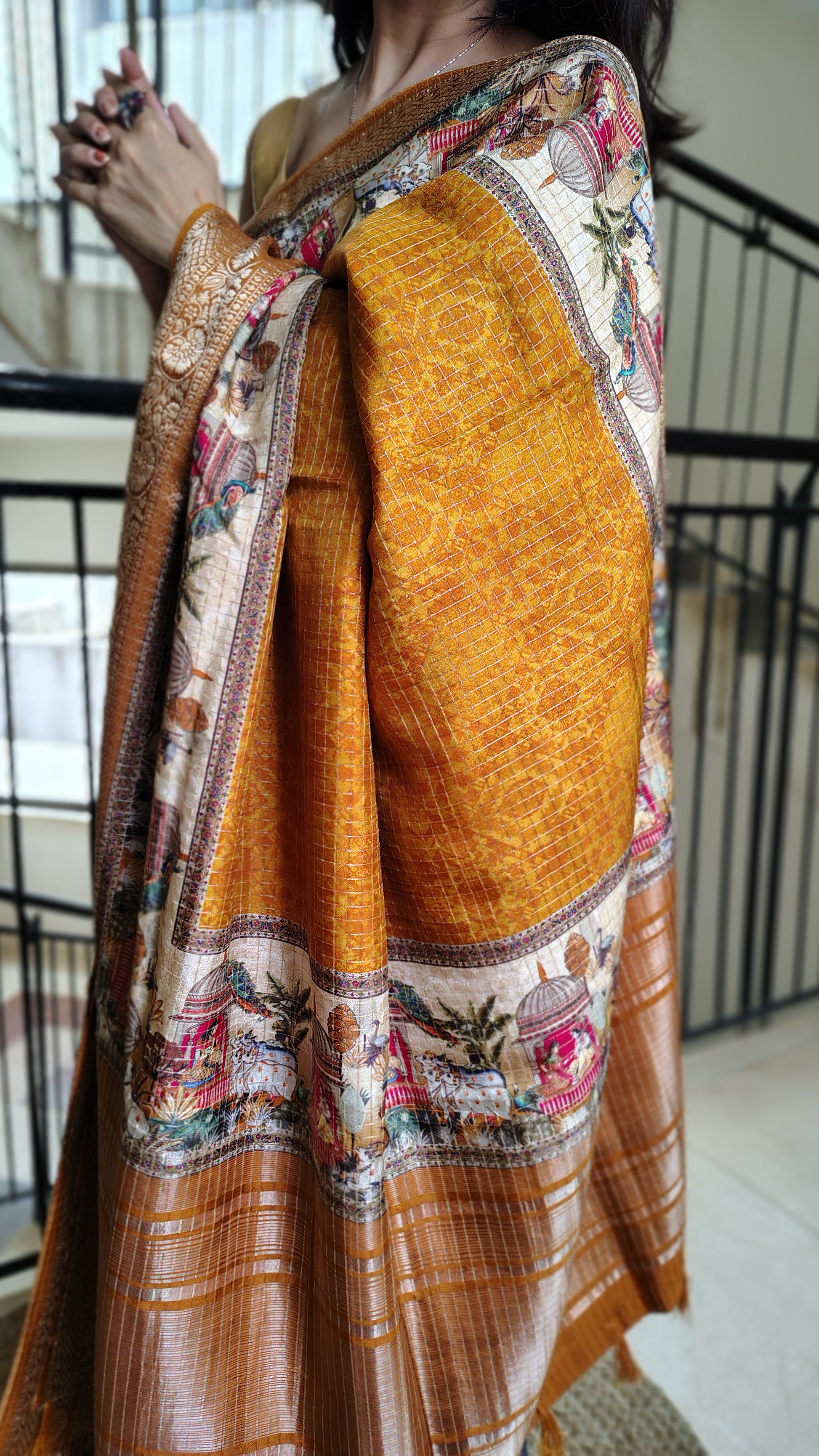 Mustard soft Dola silk saree with figure - pallu look
