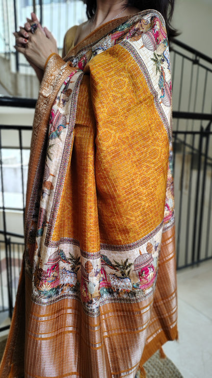Mustard soft Dola silk saree with figure - pallu look