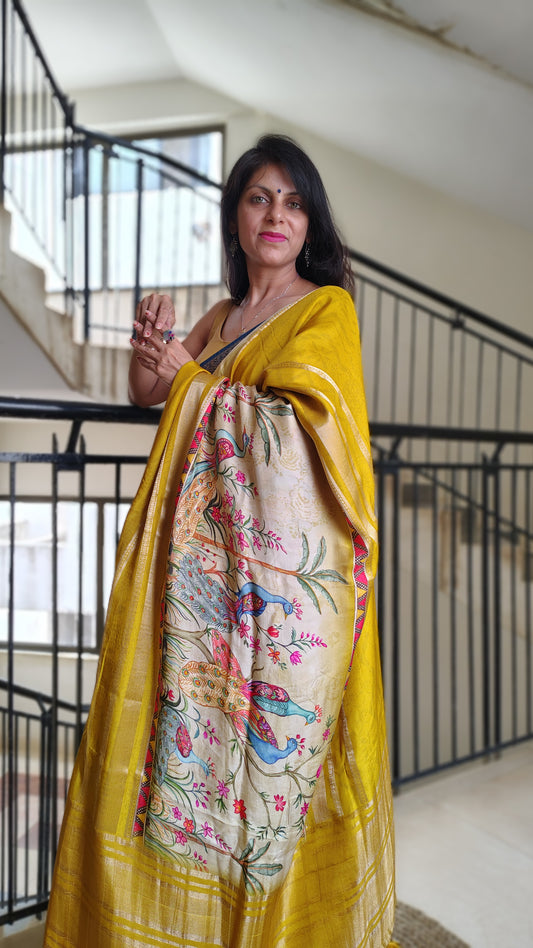 Mustard Soft Dola Silk Saree Peacock motif
