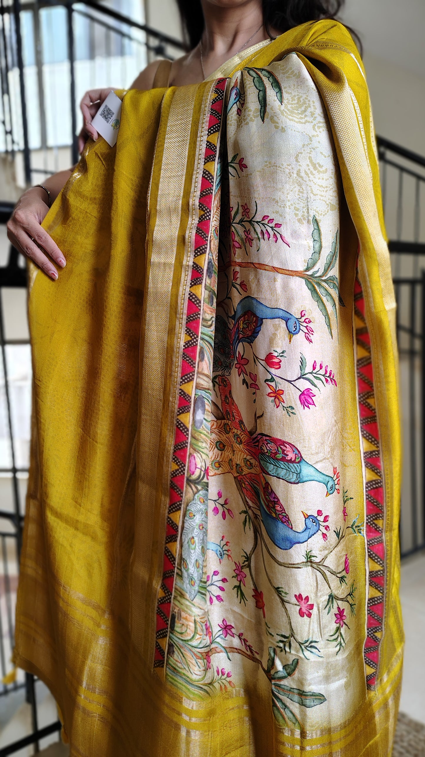 Mustard Soft Dola Silk Saree Peacock motif