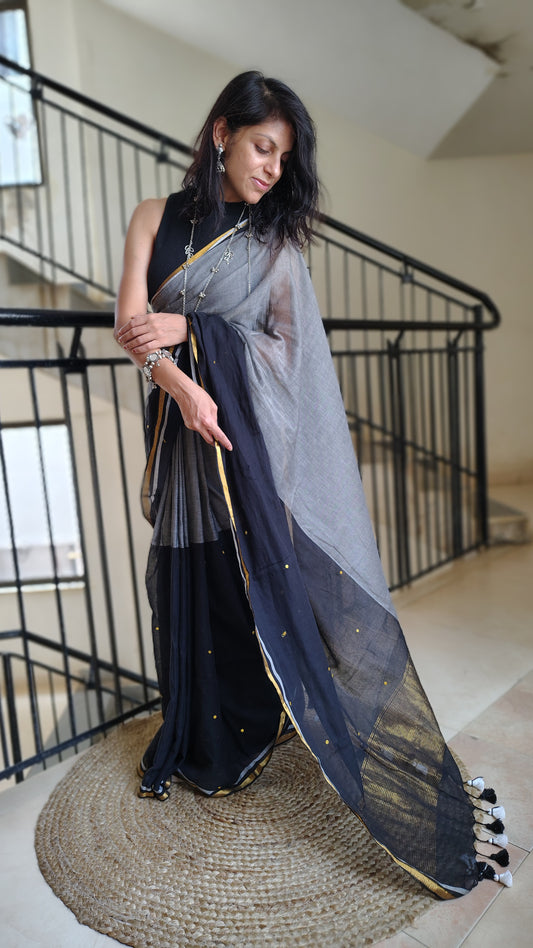Handwoven Mul cotton saree with zari pallu - black and grey saree