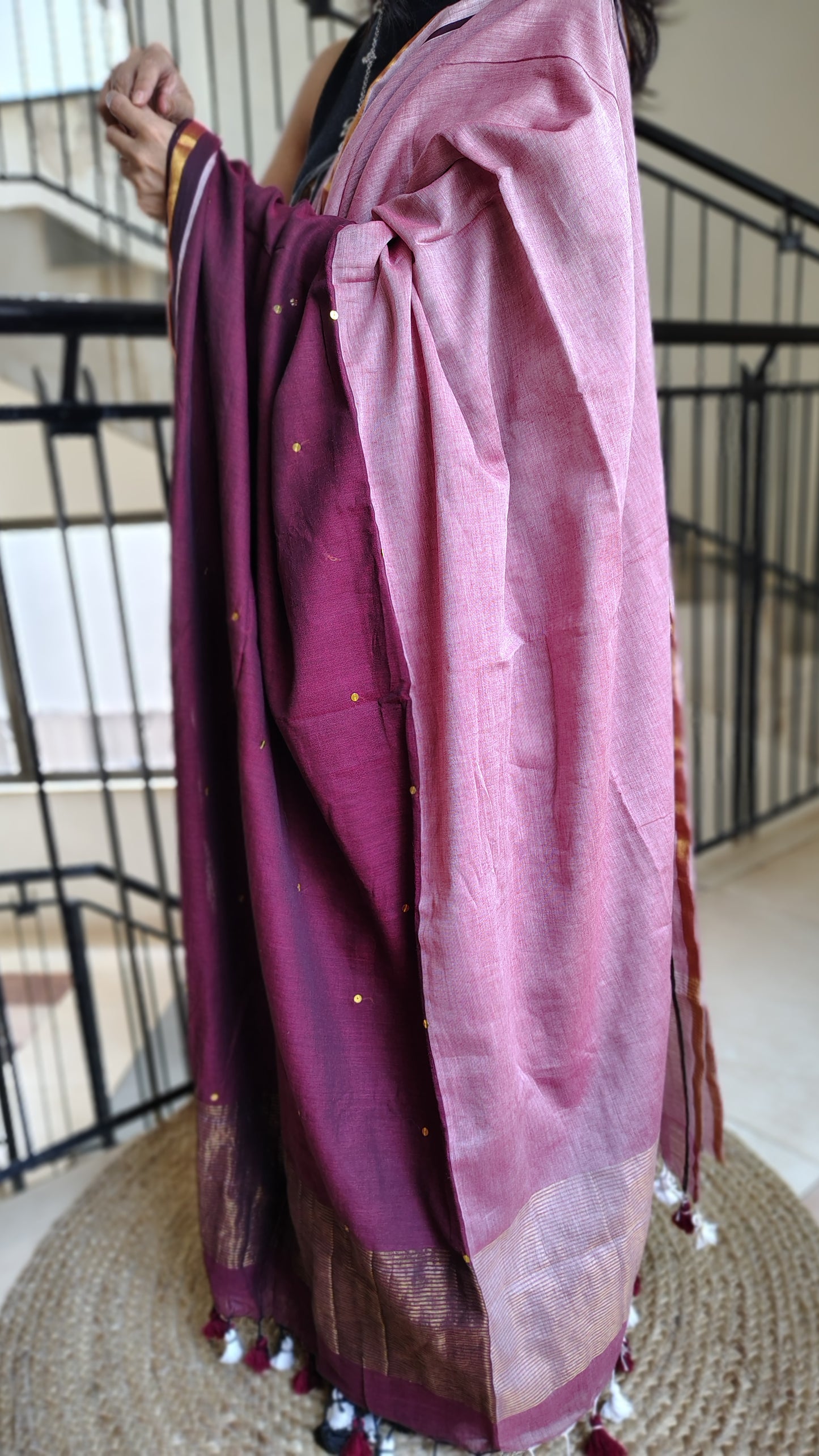 Handwoven Mul cotton saree with zari pallu - pink and wine saree