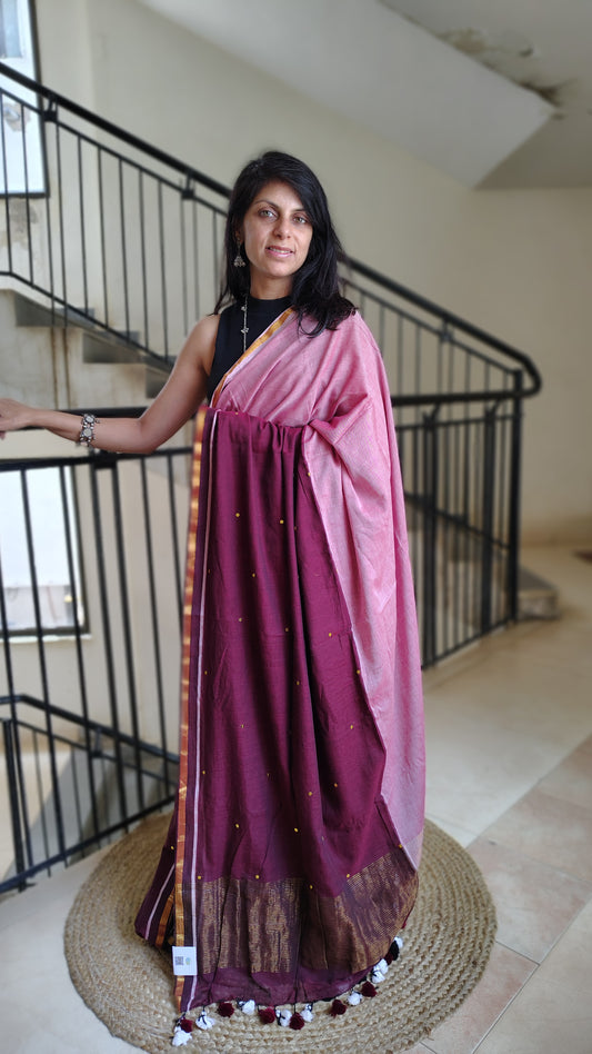 Handwoven Mul cotton saree with zari pallu - pink and wine saree