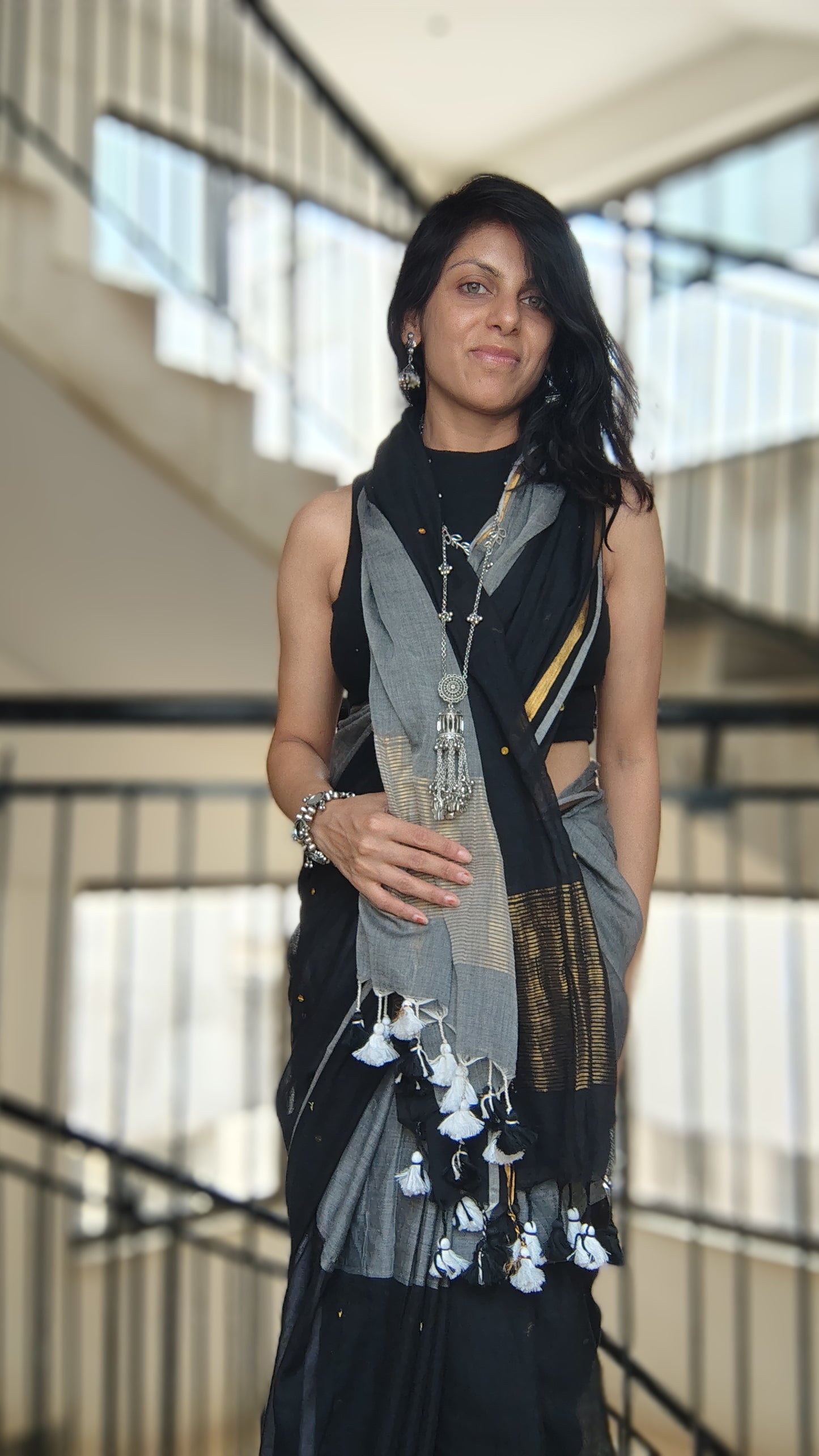 Handwoven Mul cotton saree with zari pallu - black and grey saree