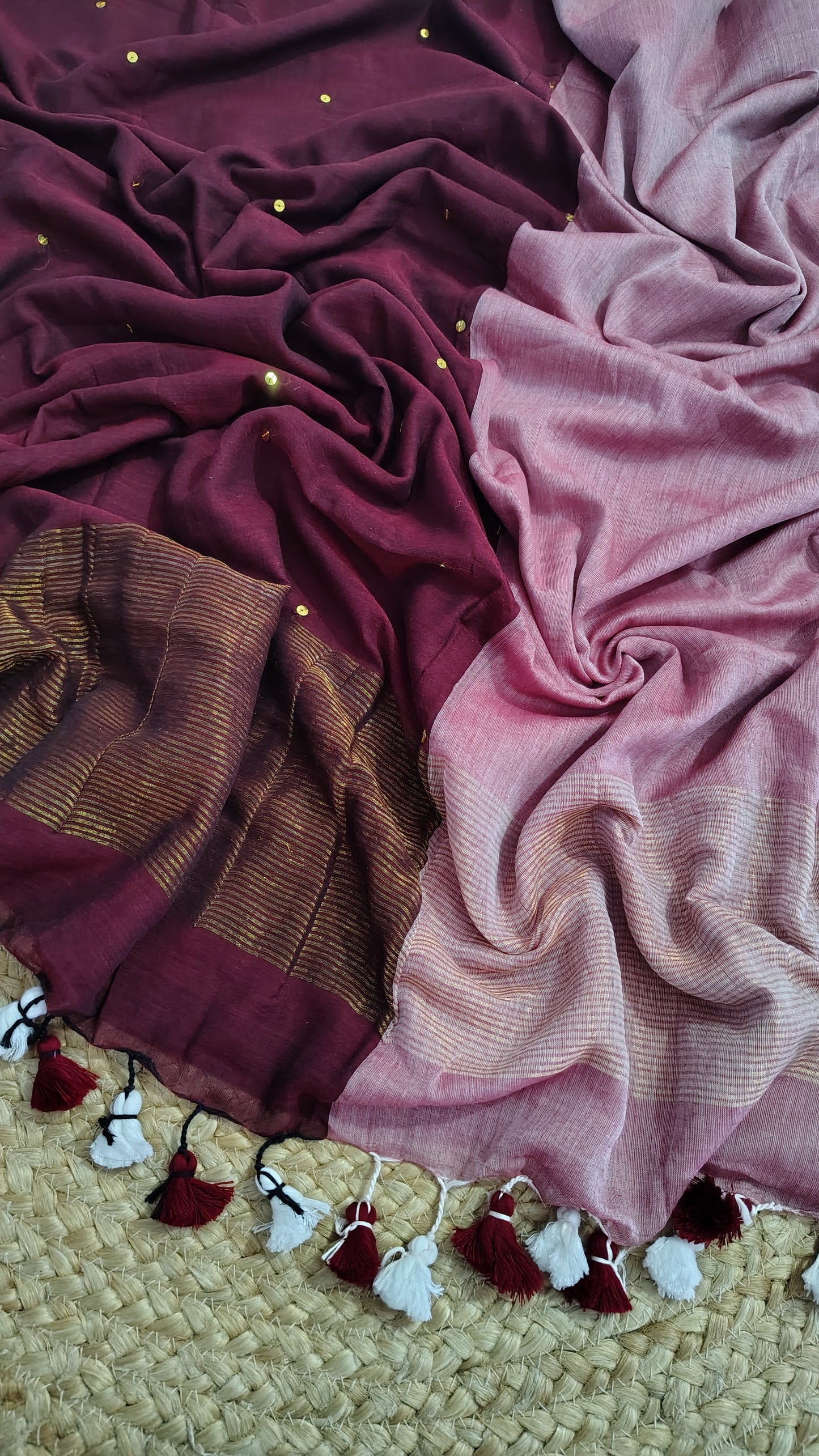 Handwoven Mul cotton saree with zari pallu - pink and wine saree