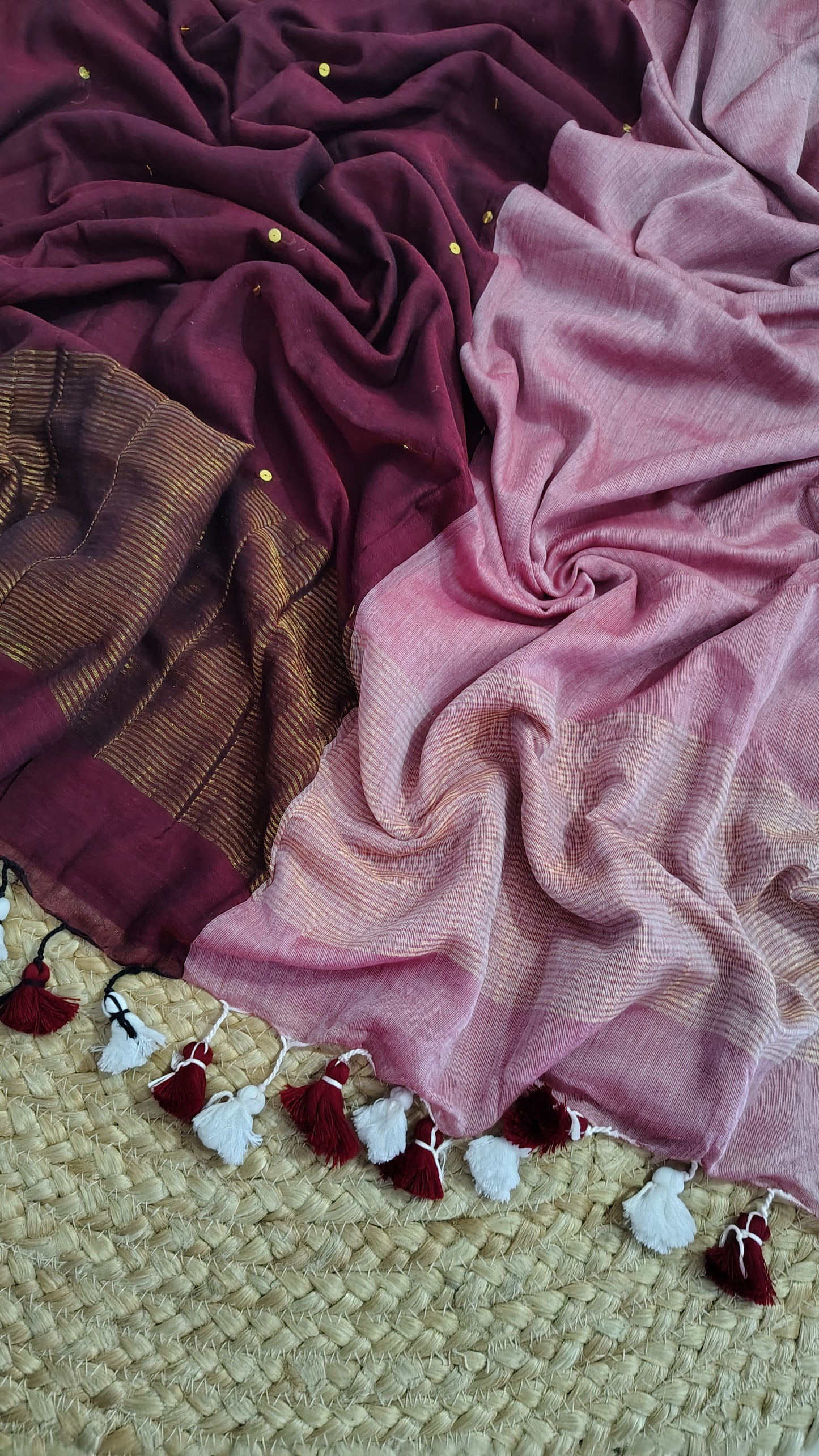 Handwoven Mul cotton saree with zari pallu - pink and wine saree