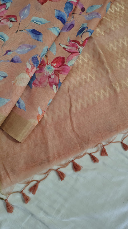 Pastel Floral Linen Silk Saree with Blouse | Lightweight Summer Linen Saree for Women
