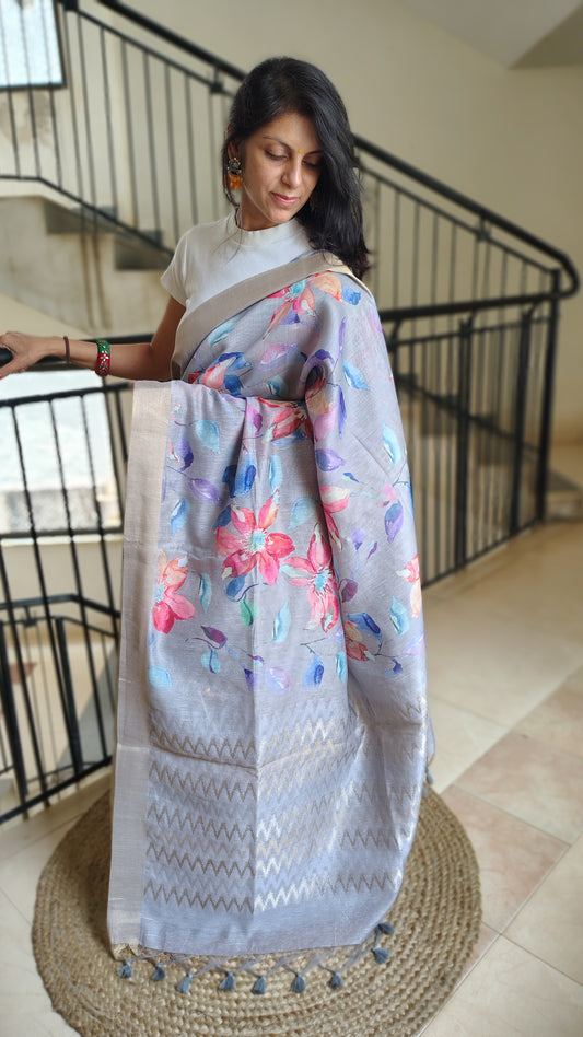 Pastel Floral Linen Silk Saree with Blouse | Lightweight Summer Linen Saree for Women