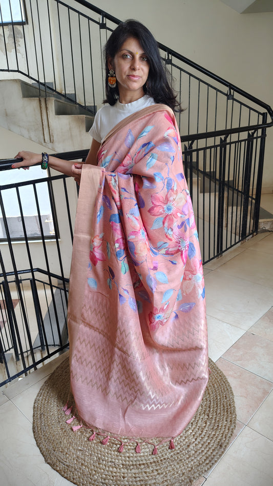 Pastel Floral Linen Silk Saree with Blouse | Lightweight Summer Linen Saree for Women