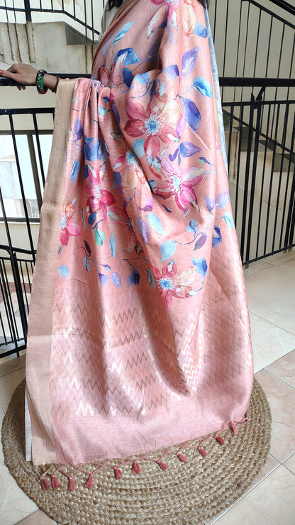 Pastel Floral Linen Silk Saree with Blouse | Lightweight Summer Linen Saree for Women