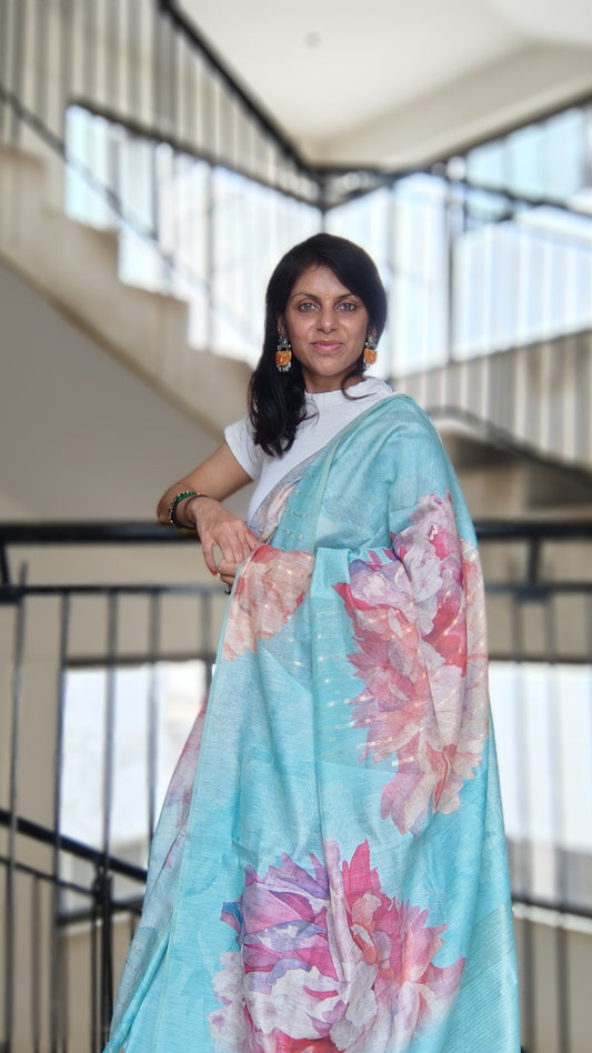 Pastel Floral Linen Silk Saree with Blouse | Lightweight Summer Linen Saree for Women