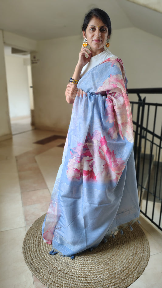 Pastel Floral Linen Silk Saree with Blouse | Lightweight Summer Linen Saree for Women