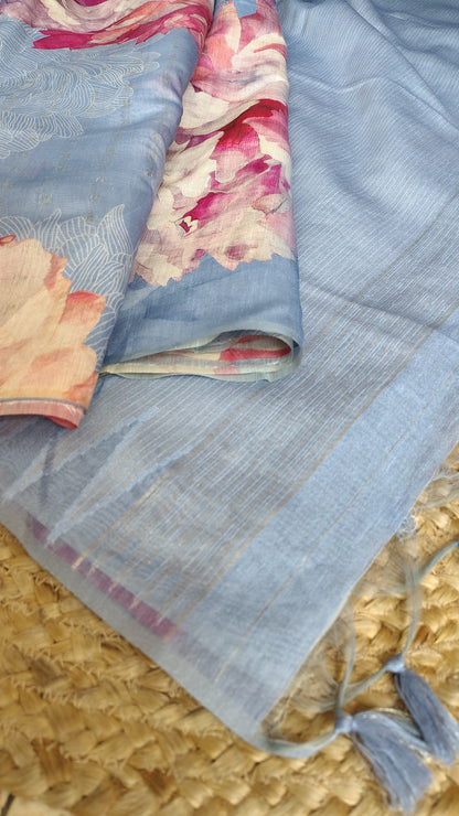 Pastel Floral Linen Silk Saree with Blouse | Lightweight Summer Linen Saree for Women