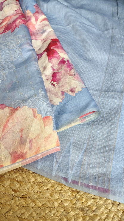 Pastel Floral Linen Silk Saree with Blouse | Lightweight Summer Linen Saree for Women