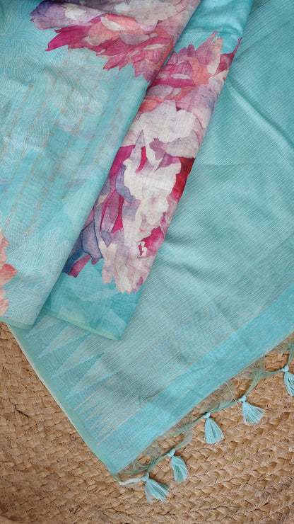 Pastel Floral Linen Silk Saree with Blouse | Lightweight Summer Linen Saree for Women