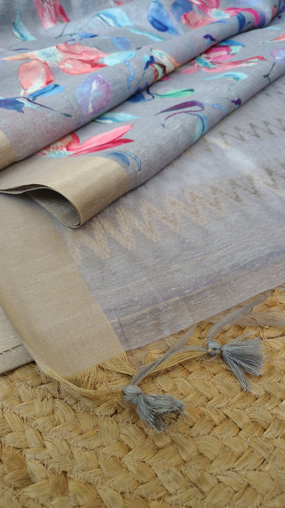 Pastel Floral Linen Silk Saree with Blouse | Lightweight Summer Linen Saree for Women