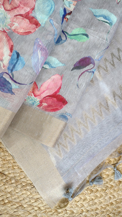 Pastel Floral Linen Silk Saree with Blouse | Lightweight Summer Linen Saree for Women